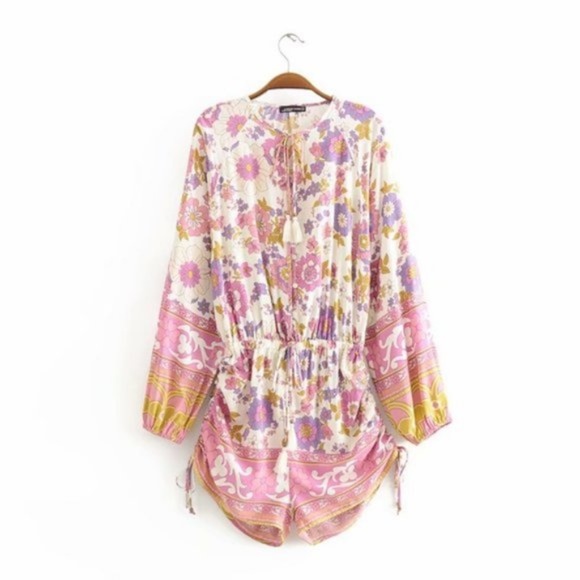 IN STOCK Boho Chic Floral Print Side ruched romper - Picture 7 of 7